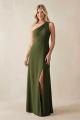 One - Shoulder Sheath Satin Bridesmaid Dress With Slit in Olive - KissProm Bridesmaid Dresses