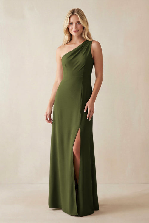 One - Shoulder Sheath Satin Bridesmaid Dress With Slit in Olive - KissProm Bridesmaid Dresses