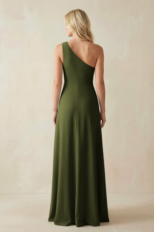 One - Shoulder Sheath Satin Bridesmaid Dress With Slit in Olive - KissProm Bridesmaid Dresses