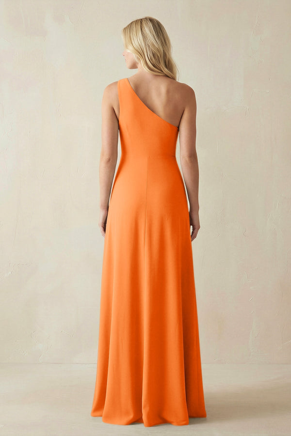 One - Shoulder Sheath Satin Bridesmaid Dress With Slit in Orange - KissProm Bridesmaid Dresses