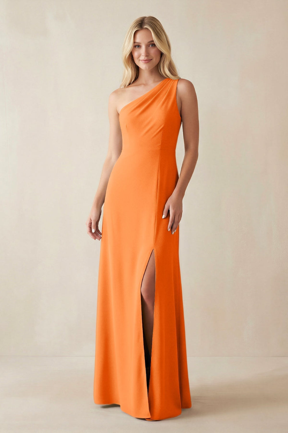 One - Shoulder Sheath Satin Bridesmaid Dress With Slit in Orange - KissProm Bridesmaid Dresses