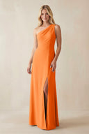 One - Shoulder Sheath Satin Bridesmaid Dress With Slit in Orange - KissProm Bridesmaid Dresses