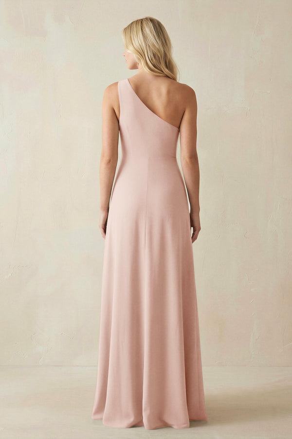 One - Shoulder Sheath Satin Bridesmaid Dress With Slit in Pale Blush - KissProm Bridesmaid Dresses