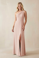 One - Shoulder Sheath Satin Bridesmaid Dress With Slit in Pale Blush - KissProm Bridesmaid Dresses