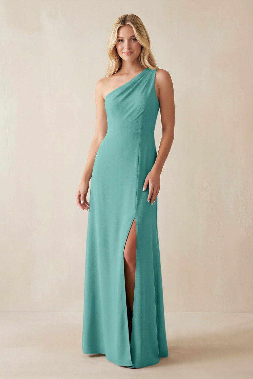 One - Shoulder Sheath Satin Bridesmaid Dress With Slit in Pale Pistachio - KissProm Bridesmaid Dresses