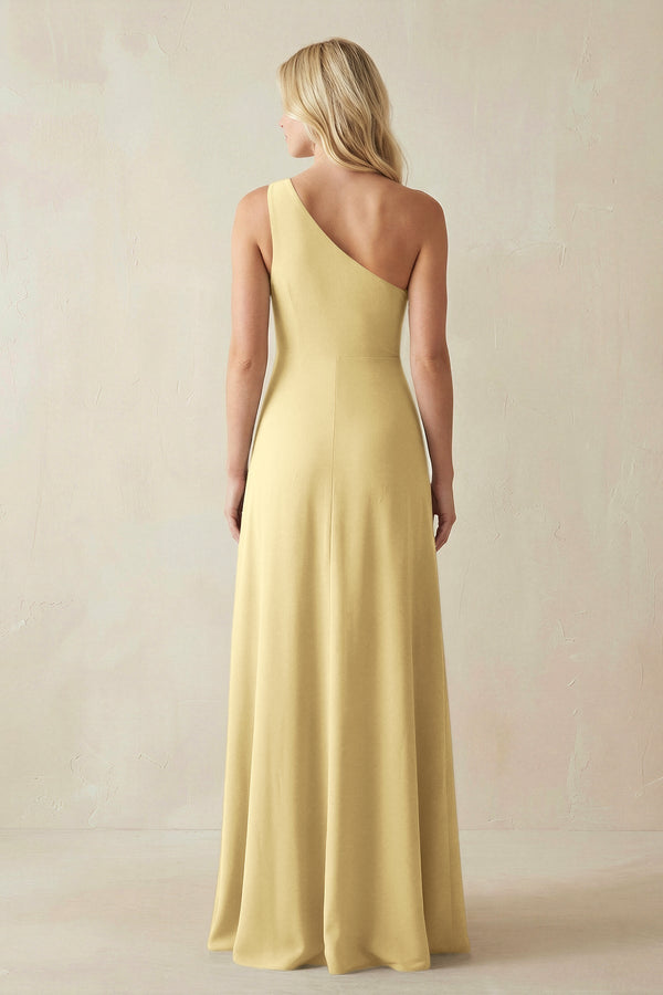 One - Shoulder Sheath Satin Bridesmaid Dress With Slit in Pastel Yellow - KissProm Bridesmaid Dresses