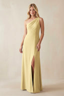 One - Shoulder Sheath Satin Bridesmaid Dress With Slit in Pastel Yellow - KissProm Bridesmaid Dresses