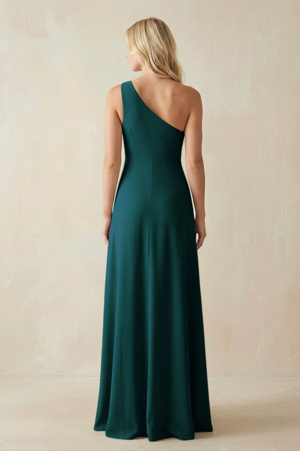 One - Shoulder Sheath Satin Bridesmaid Dress With Slit in Pine - KissProm Bridesmaid Dresses