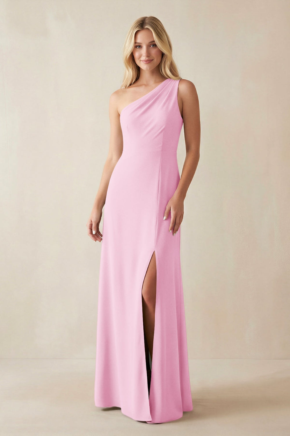 One - Shoulder Sheath Satin Bridesmaid Dress With Slit in Pink - KissProm Bridesmaid Dresses