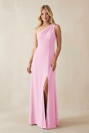 One - Shoulder Sheath Satin Bridesmaid Dress With Slit in Pink - KissProm Bridesmaid Dresses