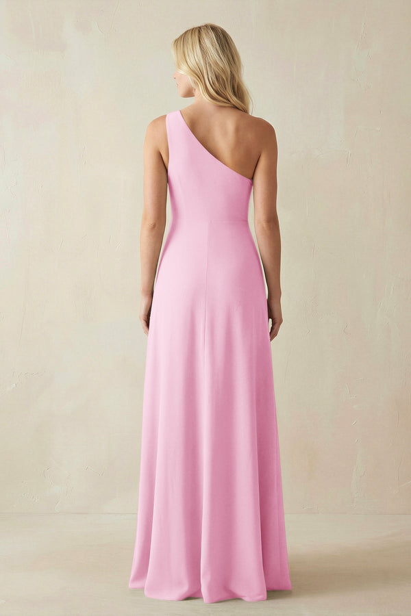 One - Shoulder Sheath Satin Bridesmaid Dress With Slit in Pink - KissProm Bridesmaid Dresses