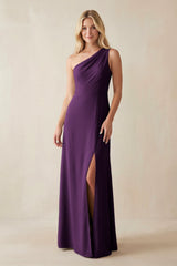 One - Shoulder Sheath Satin Bridesmaid Dress With Slit in Plum - KissProm Bridesmaid Dresses