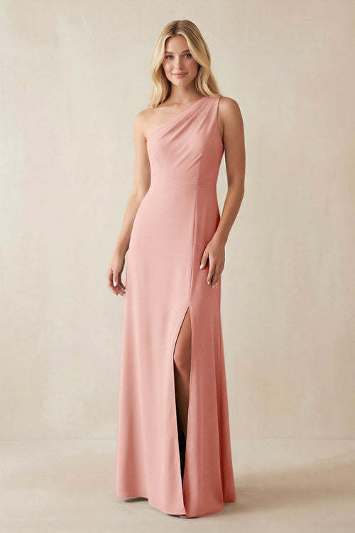 One - Shoulder Sheath Satin Bridesmaid Dress With Slit in Rose Petal - KissProm Bridesmaid Dresses