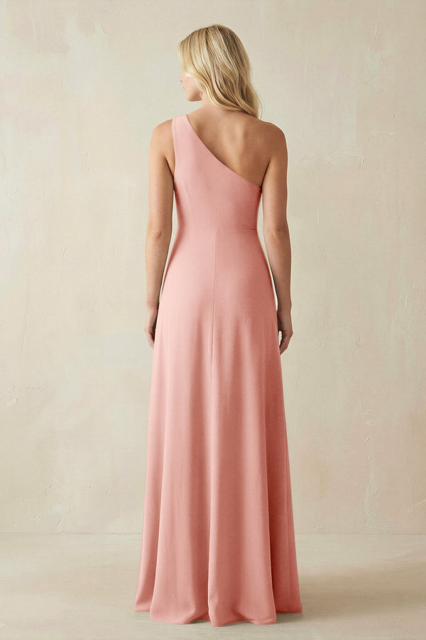 One - Shoulder Sheath Satin Bridesmaid Dress With Slit in Rose Petal - KissProm Bridesmaid Dresses