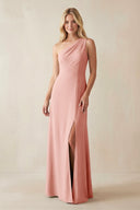 One - Shoulder Sheath Satin Bridesmaid Dress With Slit in Rose Petal - KissProm Bridesmaid Dresses