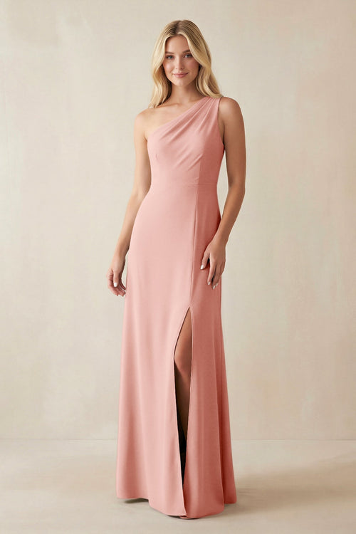 One - Shoulder Sheath Satin Bridesmaid Dress With Slit in Rose Petal - KissProm Bridesmaid Dresses