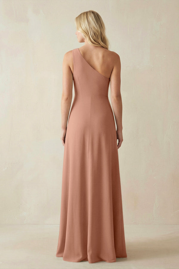 One - Shoulder Sheath Satin Bridesmaid Dress With Slit in Rosette - KissProm Bridesmaid Dresses