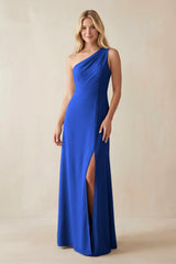 One - Shoulder Sheath Satin Bridesmaid Dress With Slit in Royal Blue - KissProm Bridesmaid Dresses