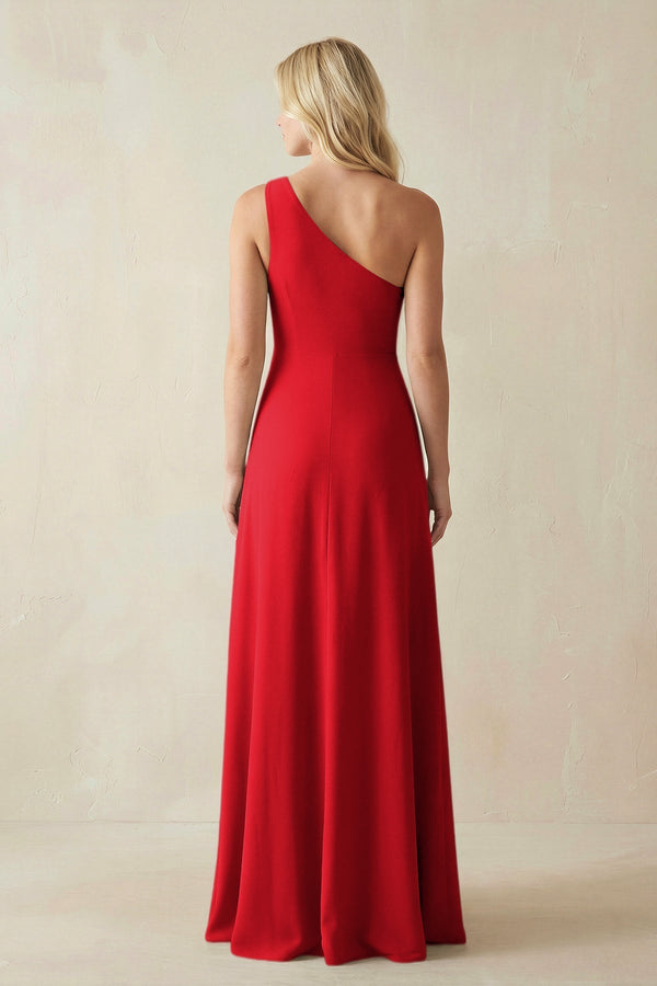 One - Shoulder Sheath Satin Bridesmaid Dress With Slit in Ruby Red - KissProm Bridesmaid Dresses