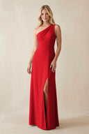 One - Shoulder Sheath Satin Bridesmaid Dress With Slit in Ruby Red - KissProm Bridesmaid Dresses