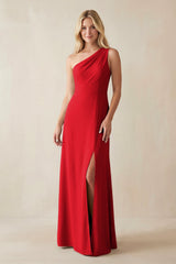 One - Shoulder Sheath Satin Bridesmaid Dress With Slit in Ruby Red - KissProm Bridesmaid Dresses