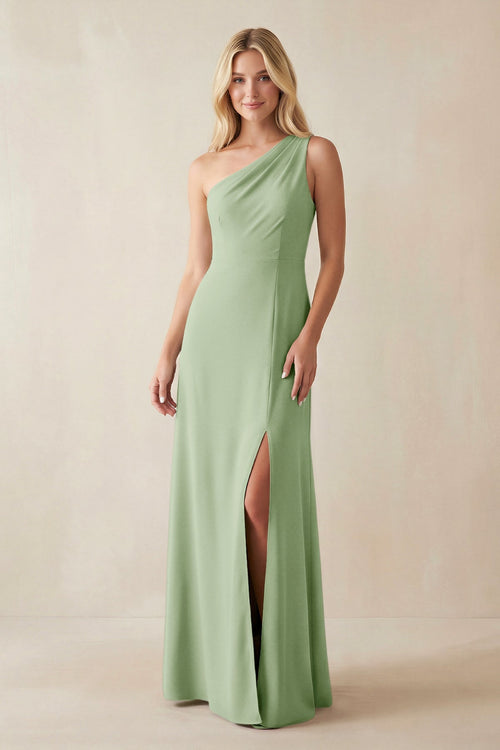 One - Shoulder Sheath Satin Bridesmaid Dress With Slit in Sage - KissProm Bridesmaid Dresses