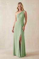 One - Shoulder Sheath Satin Bridesmaid Dress With Slit in Sage - KissProm Bridesmaid Dresses