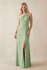 One - Shoulder Sheath Satin Bridesmaid Dress With Slit in Sage - KissProm Bridesmaid Dresses