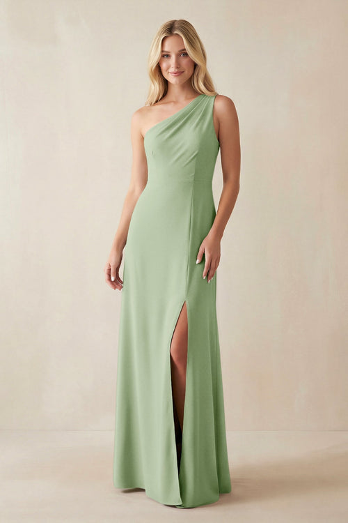 One - Shoulder Sheath Satin Bridesmaid Dress With Slit in Sage - KissProm Bridesmaid Dresses