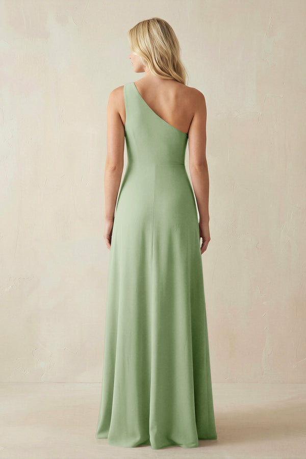 One - Shoulder Sheath Satin Bridesmaid Dress With Slit in Sage - KissProm Bridesmaid Dresses