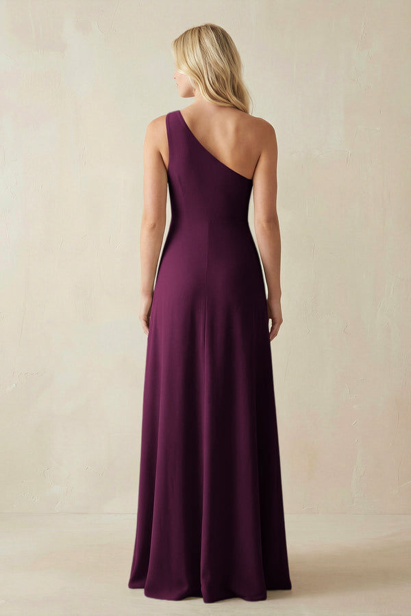One - Shoulder Sheath Satin Bridesmaid Dress With Slit in Sangria - KissProm Bridesmaid Dresses