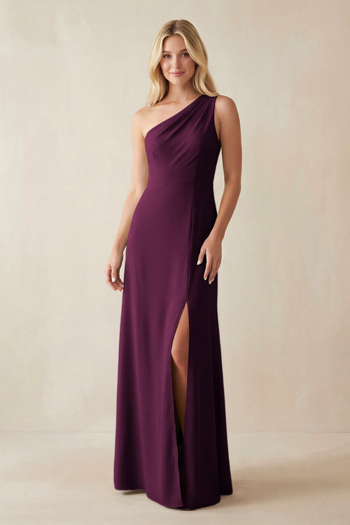 One - Shoulder Sheath Satin Bridesmaid Dress With Slit in Sangria - KissProm Bridesmaid Dresses