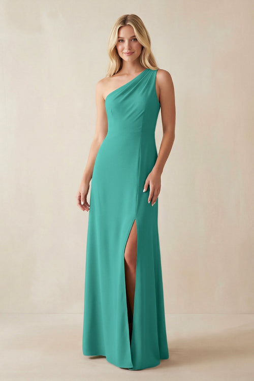 One - Shoulder Sheath Satin Bridesmaid Dress With Slit in Sea Glass - KissProm Bridesmaid Dresses