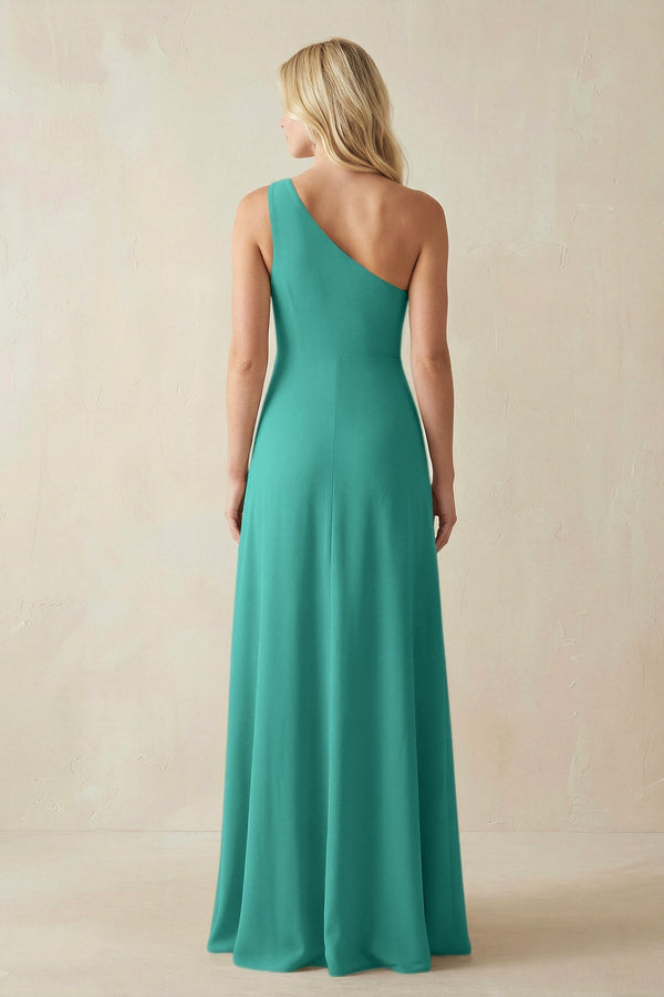 One - Shoulder Sheath Satin Bridesmaid Dress With Slit in Sea Glass - KissProm Bridesmaid Dresses