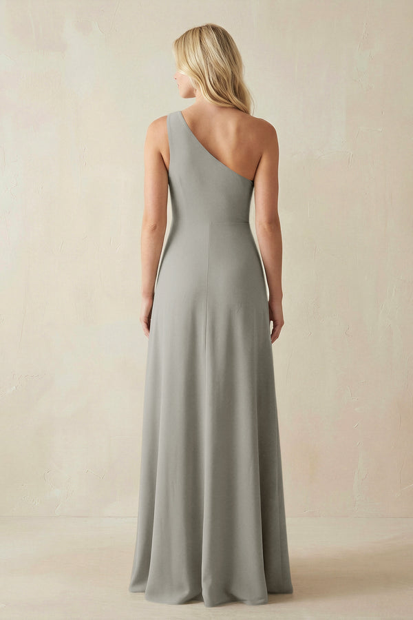 One - Shoulder Sheath Satin Bridesmaid Dress With Slit in Silver - KissProm Bridesmaid Dresses