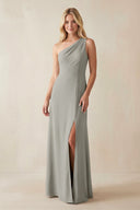 One - Shoulder Sheath Satin Bridesmaid Dress With Slit in Silver - KissProm Bridesmaid Dresses