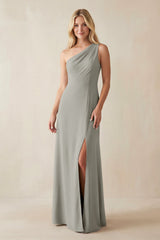 One - Shoulder Sheath Satin Bridesmaid Dress With Slit in Silver - KissProm Bridesmaid Dresses