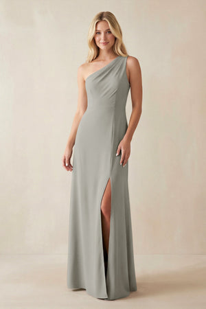 One - Shoulder Sheath Satin Bridesmaid Dress With Slit in Silver - KissProm Bridesmaid Dresses