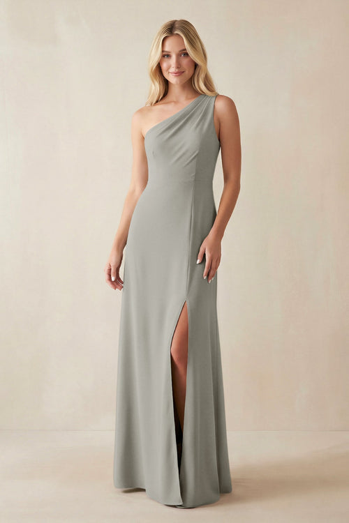 One - Shoulder Sheath Satin Bridesmaid Dress With Slit in Silver - KissProm Bridesmaid Dresses