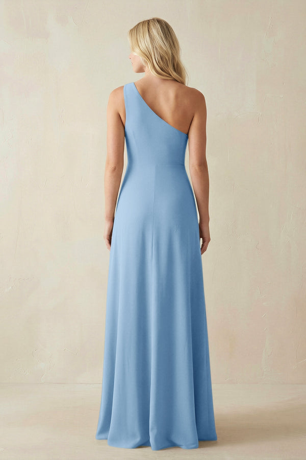 One - Shoulder Sheath Satin Bridesmaid Dress With Slit in Sky Blue - KissProm Bridesmaid Dresses
