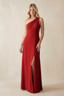 One - Shoulder Sheath Satin Bridesmaid Dress With Slit in Spice - KissProm Bridesmaid Dresses