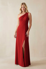 One - Shoulder Sheath Satin Bridesmaid Dress With Slit in Spice - KissProm Bridesmaid Dresses