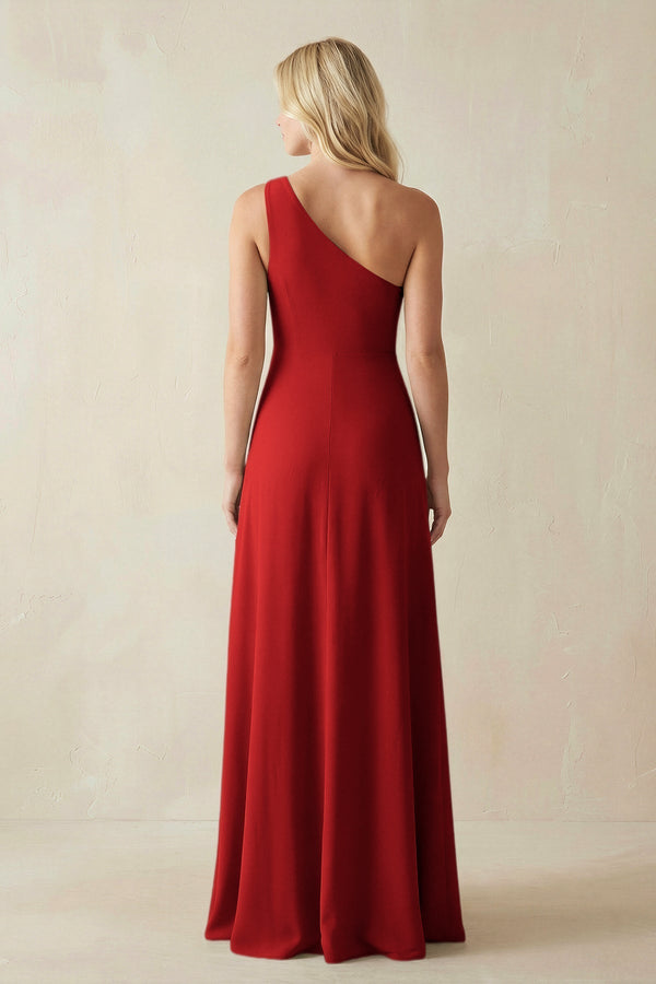 One - Shoulder Sheath Satin Bridesmaid Dress With Slit in Spice - KissProm Bridesmaid Dresses