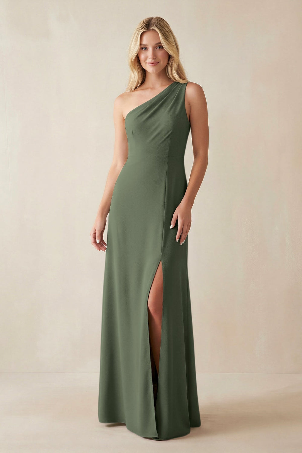 One - Shoulder Sheath Satin Bridesmaid Dress With Slit in Thyme - KissProm Bridesmaid Dresses