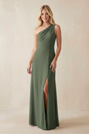 One - Shoulder Sheath Satin Bridesmaid Dress With Slit in Thyme - KissProm Bridesmaid Dresses