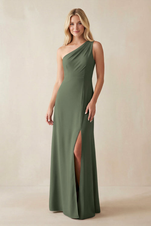 One - Shoulder Sheath Satin Bridesmaid Dress With Slit in Thyme - KissProm Bridesmaid Dresses
