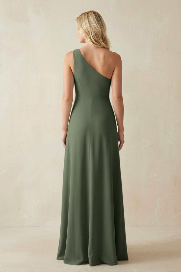 One - Shoulder Sheath Satin Bridesmaid Dress With Slit in Thyme - KissProm Bridesmaid Dresses
