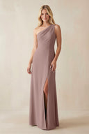 One - Shoulder Sheath Satin Bridesmaid Dress With Slit in Toffee - KissProm Bridesmaid Dresses