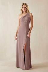 One - Shoulder Sheath Satin Bridesmaid Dress With Slit in Toffee - KissProm Bridesmaid Dresses