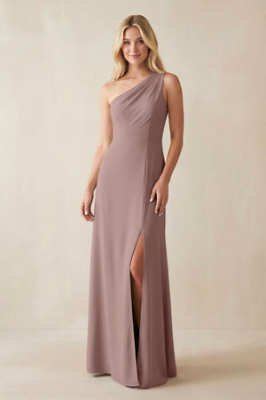 One - Shoulder Sheath Satin Bridesmaid Dress With Slit in Toffee - KissProm Bridesmaid Dresses